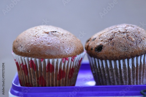 Chocolate muffins on a purple plastic container on a gray background
