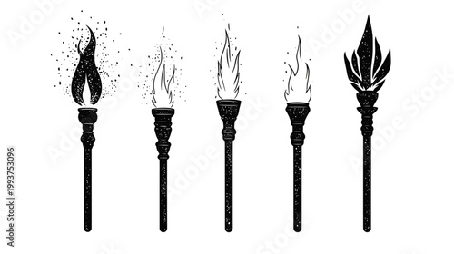 A collection of five torches depicted in grayscale with stylized flames and detailed handles
