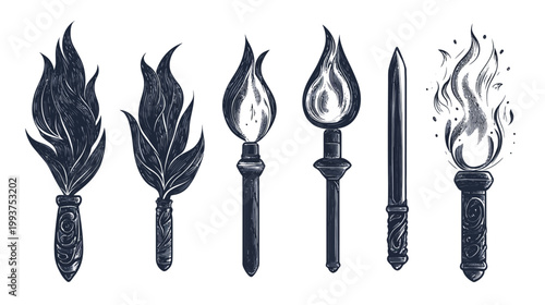 Black and white illustration of several torches and an ornamental blade on a white background