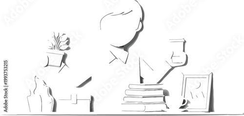 Student studies at a desk while surrounded by books and house plant elements.