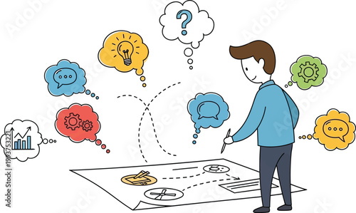 Businessman plans a strategic marketing project using creative thought bubbles.