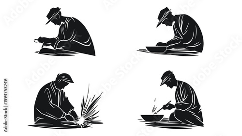 Black and white illustration of four scenes depicting a seated person at work