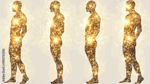 Four human figures in profile, composed of glowing, interconnected light patterns