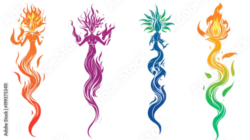 Four colorful, stylized illustrations of ethereal beings composed of flames and other organic elements