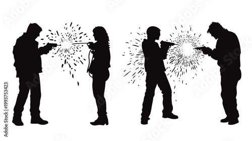 Silhouetted figures firing weapons with bursts of energy in a dynamic, high-contrast composition