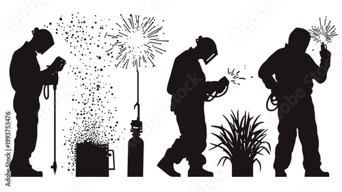 Silhouettes of welders with tools, sparks, and stylized plant illustrations on a white background