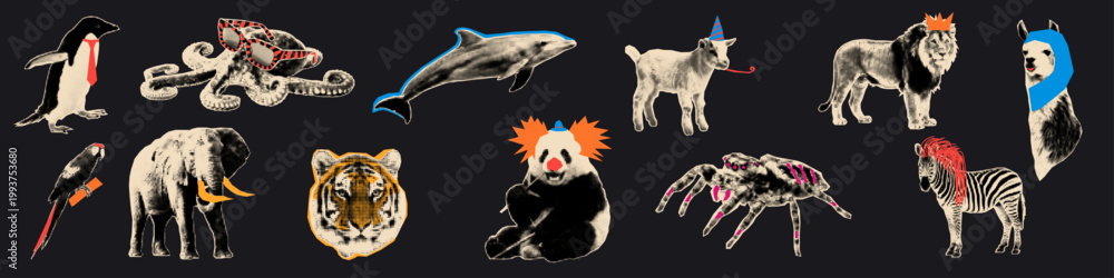 Fototapeta premium Halftone animal cutout collage set.