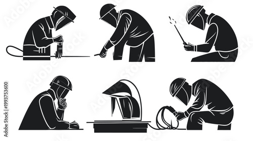 Silhouetted workers in protective gear, engaged in welding activities, on a white background