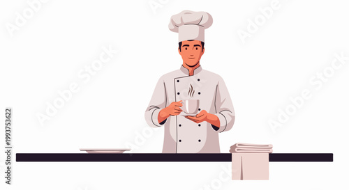 Chef standing behind kitchen counter.