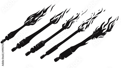 Stylized black and white illustration of five diagonally arranged torches with flames