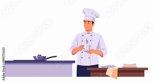 Chef standing in kitchen wearing uniform.