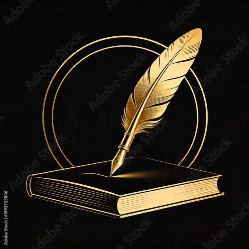 Minimalist logo design of an elegant golden quill pen writing on a book. Dark background, luxury icon, symbol of education, literature, writing, knowledge, storytelling, creativity