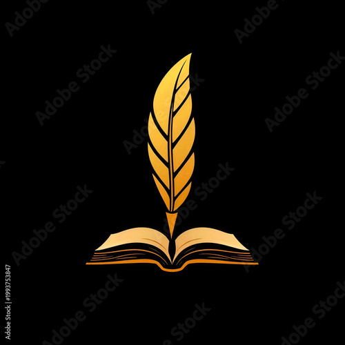 Minimalist logo design of an elegant golden quill pen writing on a book. Dark background, luxury icon, symbol of education, literature, writing, knowledge, storytelling, creativity