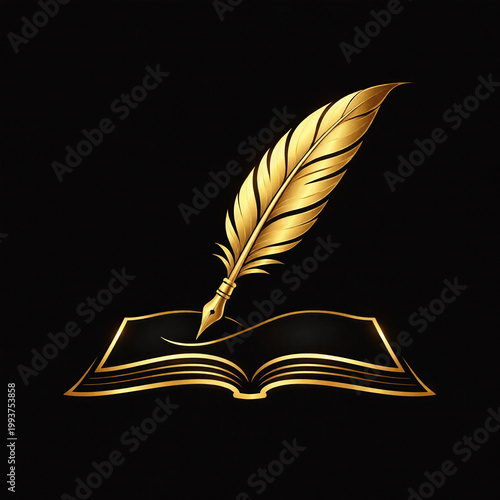 Minimalist logo design of an elegant golden quill pen writing on a book. Dark background, luxury icon, symbol of education, literature, writing, knowledge, storytelling, creativity