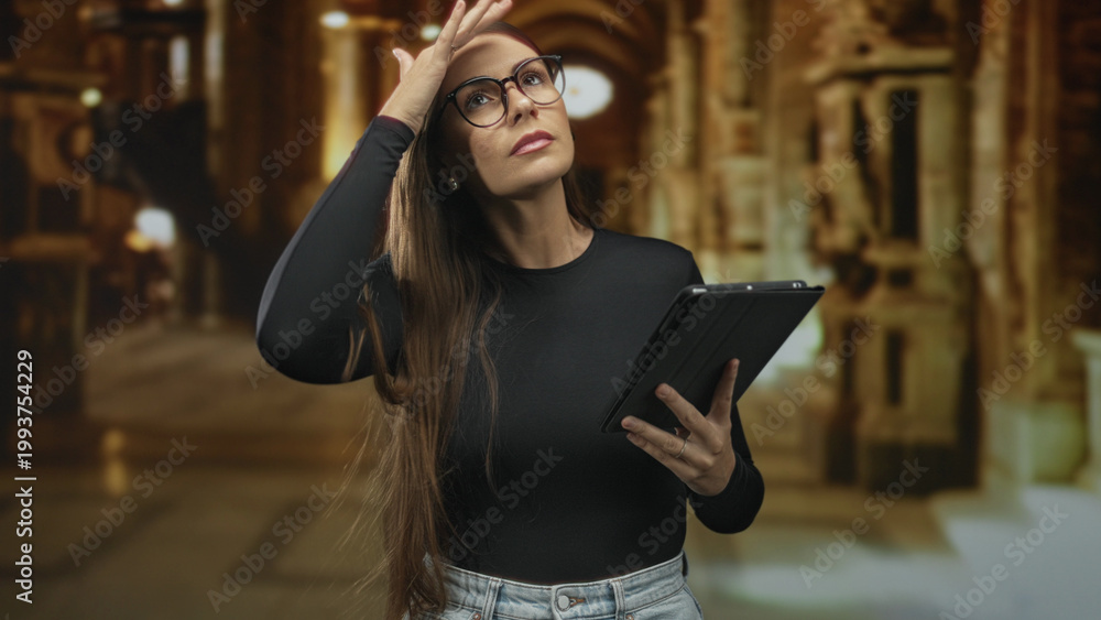 Fototapeta premium Woman holding tablet with hand to forehead in cathedral building corridor; frustration focus reading.