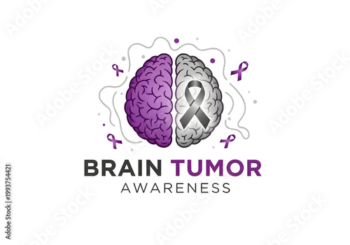 Brain Tumor Awareness typography with purple and gray human brain and black awareness ribbon medical healthcare icon vector png on transparent background