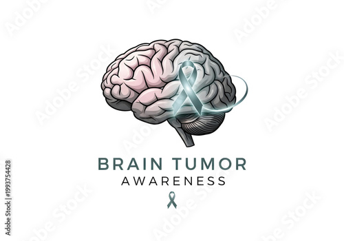 Brain Tumor Awareness typography with human brain illustration and light blue awareness ribbon healthcare medical icon vector png on transparent background