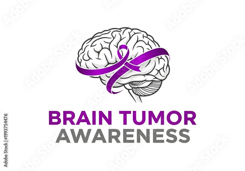 Brain Tumor Awareness typography with human brain and purple awareness ribbon healthcare medical icon vector png on transparent background