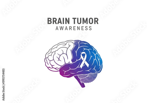 Brain Tumor Awareness typography with colorful gradient human brain and white awareness ribbon healthcare medical icon vector png on transparent background