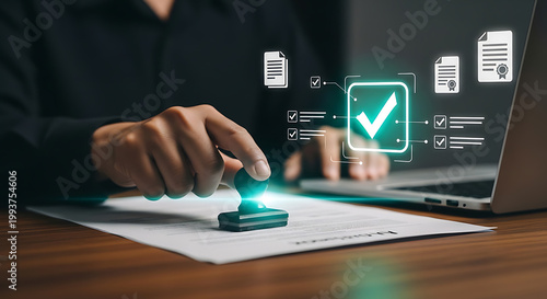 A person in a dark shirt using a rubber stamp on a paper document, with a glowing digital interface showing checkmarks and document floating in the air nearby