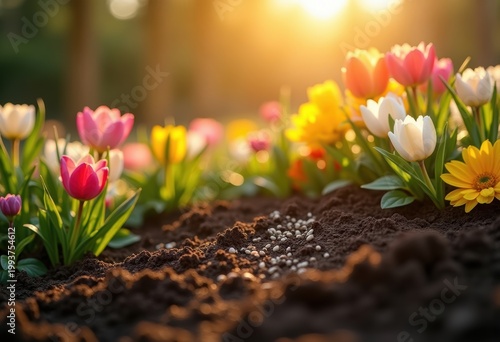 Flower Bed in Spring Sunlight Soil Preparation Gardening Vibrant Green Foliage Bright Blooms Contrasted Earth