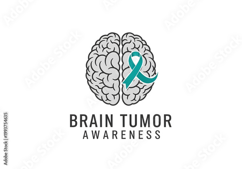 Brain Tumor Awareness typography with human brain and teal awareness ribbon healthcare medical icon vector png on transparent background