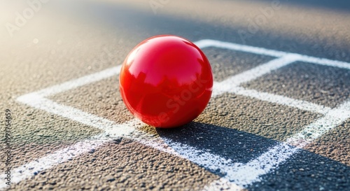 A vibrant rubber ball rests on the asphalt court marked with intersecting chalk lines, ready for the classic playground activity, outdoor, vintage, organized