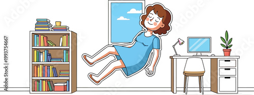 Woman relaxes by floating in the air within a cozy home office setting.
