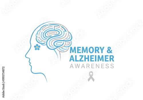 Memory and Alzheimer Awareness typography with human profile maze brain and forget-me-not flower icon vector png on transparent background