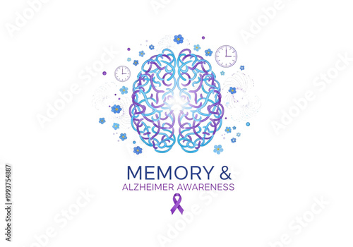 Memory and Alzheimer Awareness typography with human brain purple ribbon forget-me-not flowers and clock icons vector png on transparent background