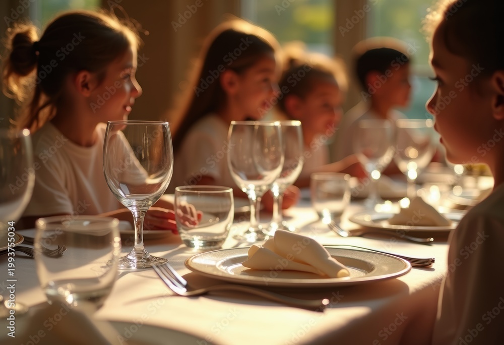 Obraz premium Mastering the Art of Table Etiquette: Children Arranging Place Settings with Precision and Care for a Formal Dinner