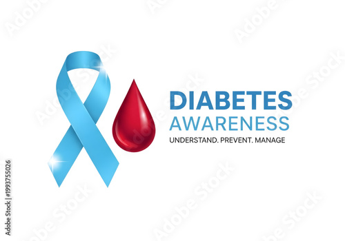 Diabetes Awareness typography with light blue ribbon and realistic red blood drop icon blue vector png on transparent background