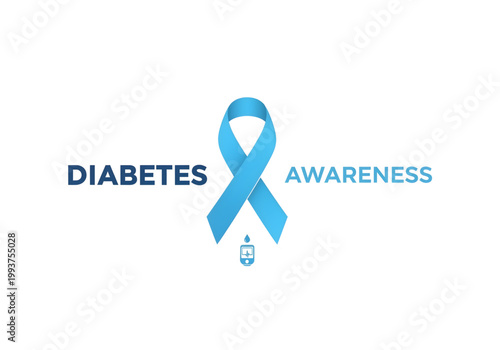 Diabetes Awareness typography with light blue ribbon and blood drop glucometer icon blue vector png on transparent background