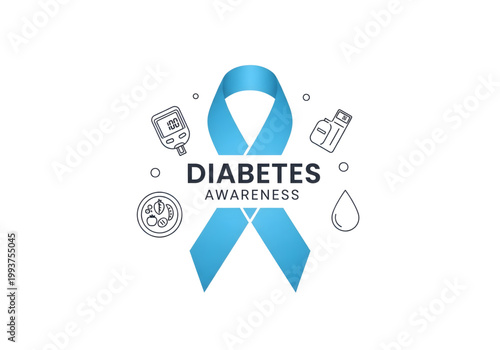 Diabetes Awareness typography with blue ribbon and medical syringe icon blue vector png on transparent background