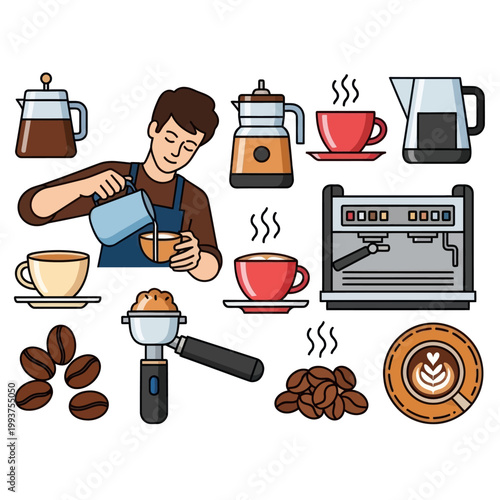 Barista Making Coffee, Espresso Machine, Coffee Beans, Cups, French Press, Moka Pot