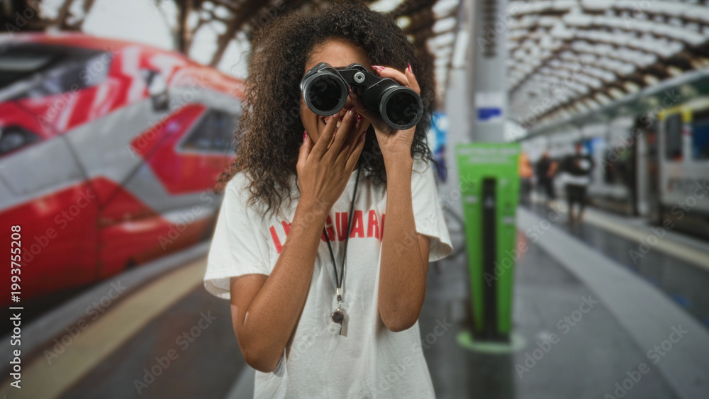 Fototapeta premium Teenage woman lifeguard with curly hair holds binoculars to eyes, hand to mouth surprise gesture on busy train station platform; curiosity exploration.