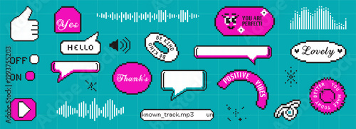 Vibrant Y2K-style collection of retro gaming emojis, sound symbols, and radio stickers with nostalgic 90s computer aesthetic for creative entertainment projects.