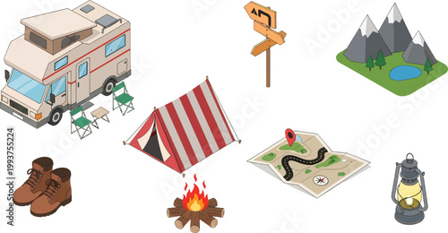 Isometric Camping and Outdoor Adventure Vector Icon Set Featuring Recreational Vehicle Tent Campfire Map Mountain Landscape and Hiking Gear