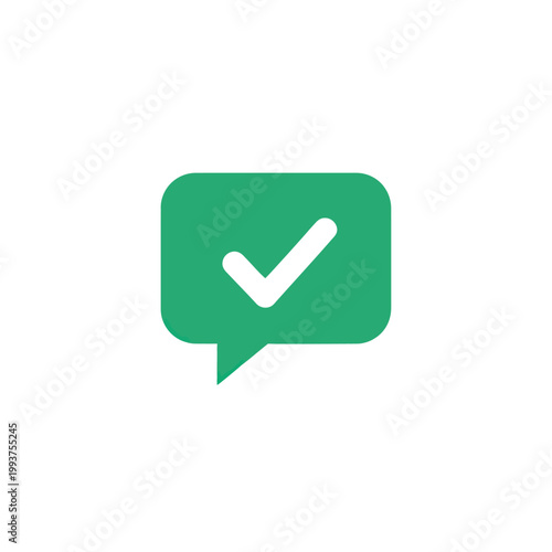 Green speech bubble with white checkmark icon, confirmation, success, message sent, communication
