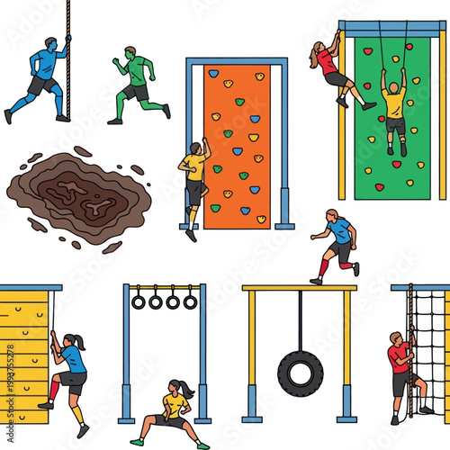 Obstacle Course Fitness Park: People Training and Exercising