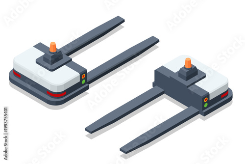 Isometric illustration of low profile autonomous mobile robot agv with forks. This robotic equipment is designed for pallet transport and smart warehouse automation systems