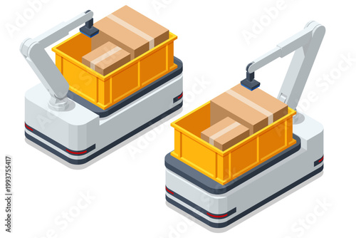 Isometric illustration depicts two mobile robotic platforms with arms carrying yellow crates and boxes. It represents high-tech automated order fulfillment and sorting process.