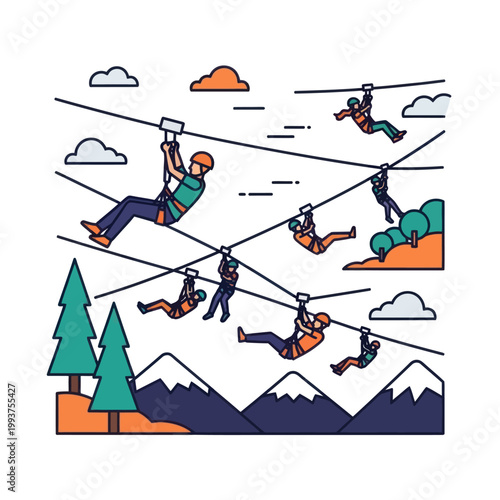 People ziplining adventure activity over mountains and trees, outdoor recreation