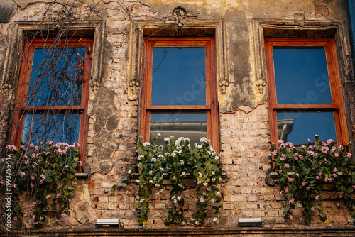 Old Brick Walls With Flowers. Weathered Brick And Wood Complemented By Blooming Window Boxes