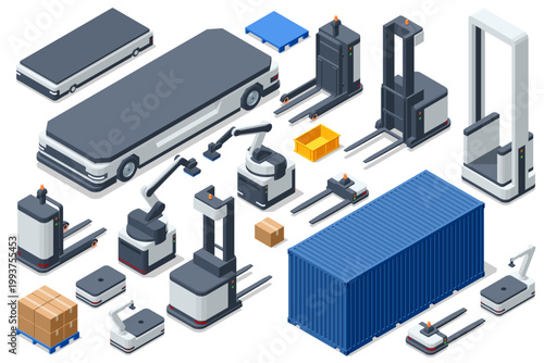 Isometric warehouse automation set with autonomous robot, stacker, robotic arm, pallet and container. Industrial storage environment shows cargo handling, smart transport and supply chain workflow