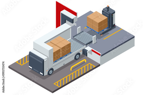 An isometric illustration of an automated loading bay. A robot vehicle loads cardboard boxes from a conveyor belt onto a delivery truck, showcasing a smart logistics process with clear lane markings.