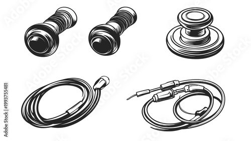 A black and white vector graphic illustrating various tools and connectors on a white background