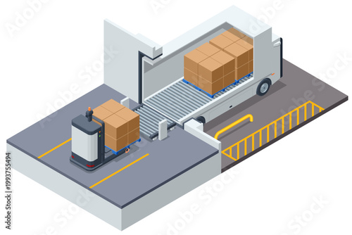 isometric warehouse dock illustration with an autonomous pallet jack moving boxed cargo toward a truck trailer. Clean loading bay scene for logistics, delivery, storage, and automation concept