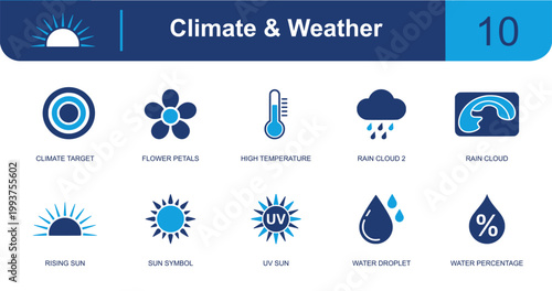 Climate and weather icon set. Containing climate target, flower petals, thermometer, rain cloud, gauge, rising sun, sun symbol, UV sun, water droplet and more. Solid fill vector icons.
