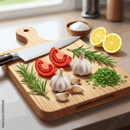 A wooden cutting board with fresh ingredients including tomatoes, garlic, rosemary, lemons, and chopped herbs, ready for cooking.